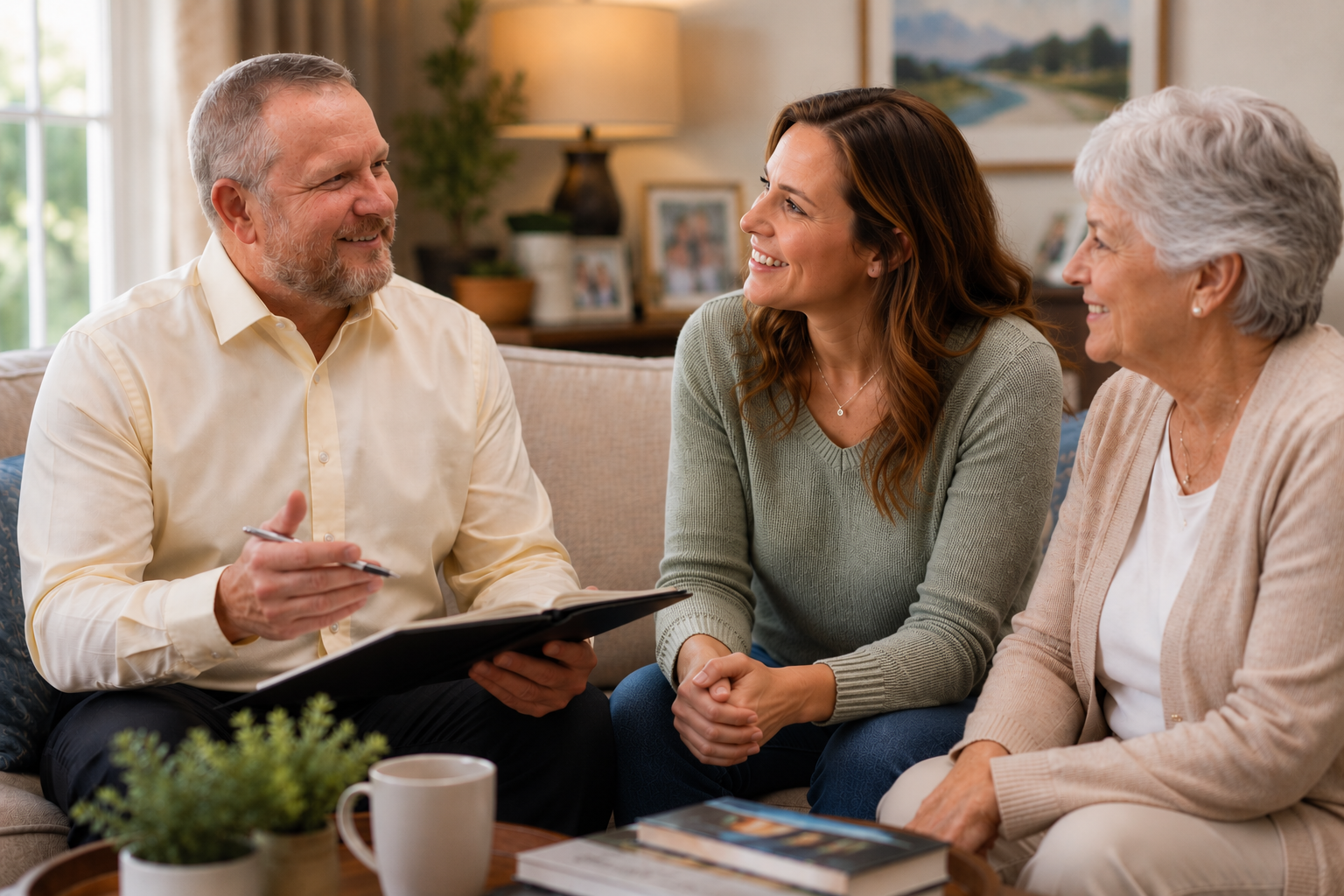 Ray Pierce meeting with a family in their living room